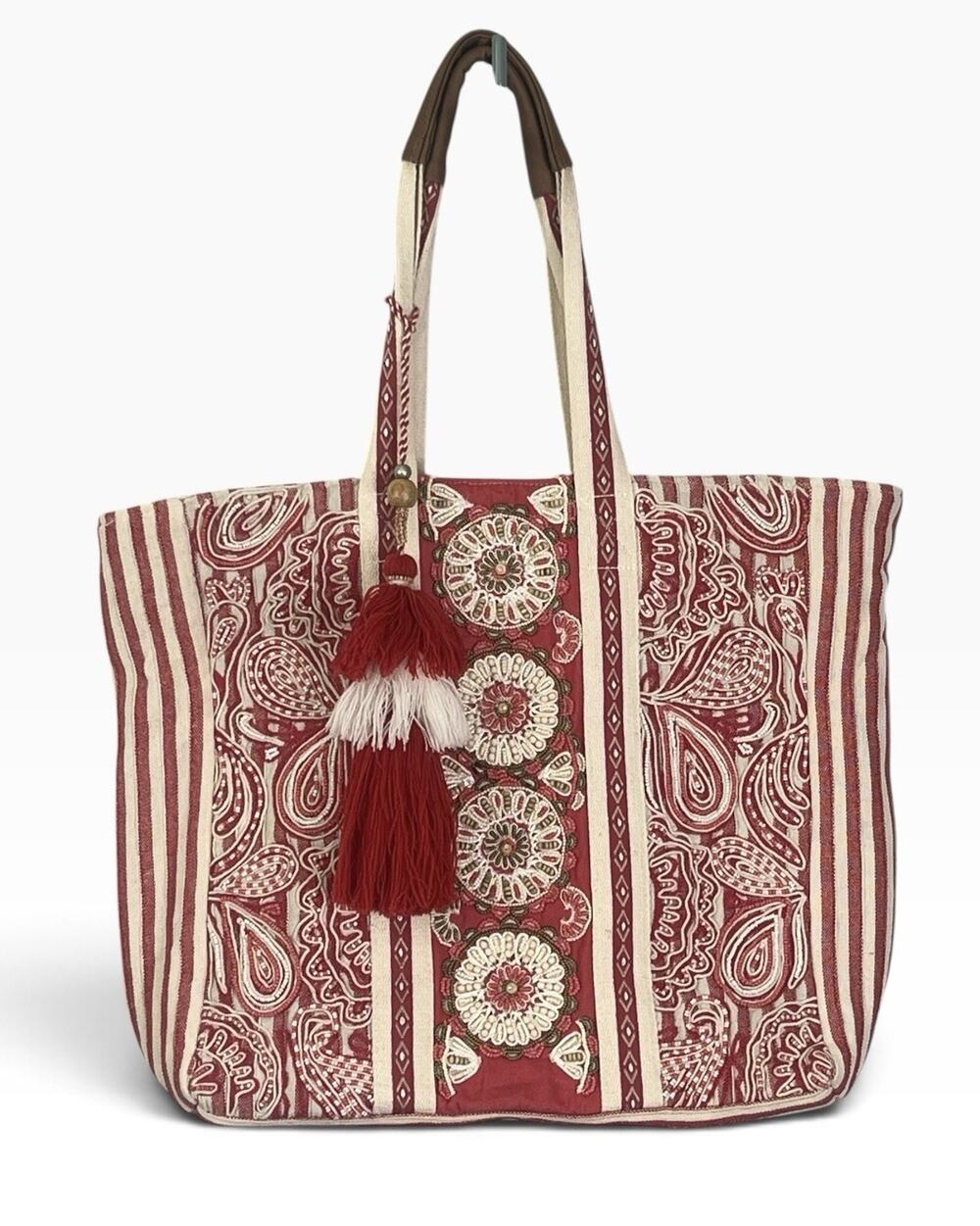 Chico's Zip Tote Bag Embellished Artisan Beadwork Red Stripe Pockets
